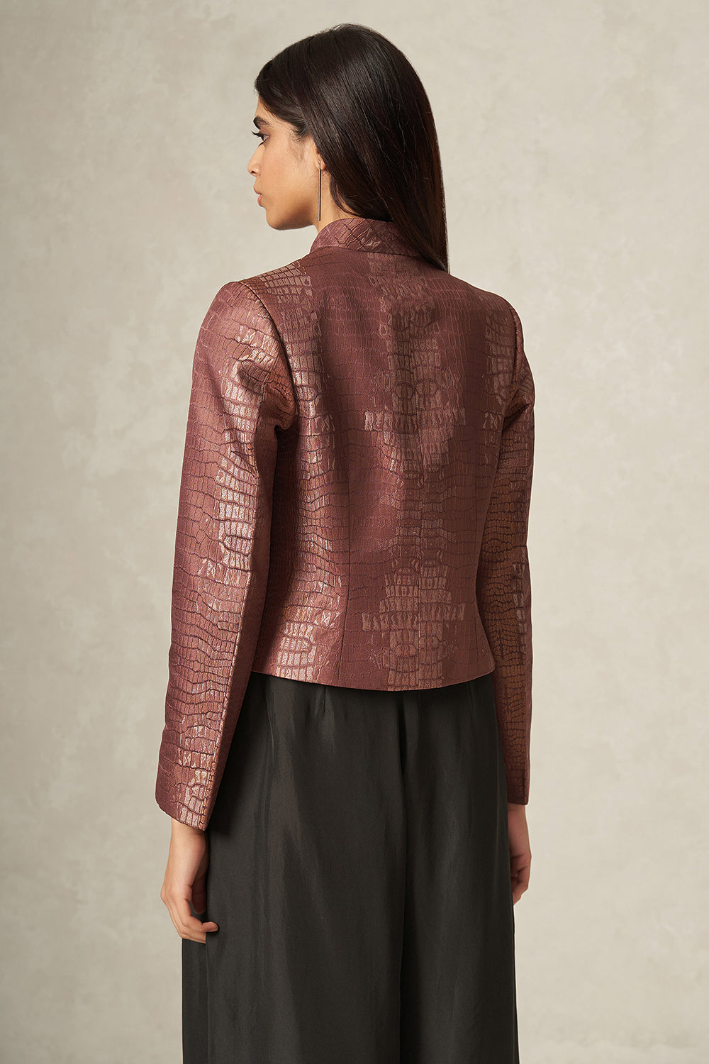 Copper Brown Pure Satin Silk Handwoven Crocodile Pattern Jacket