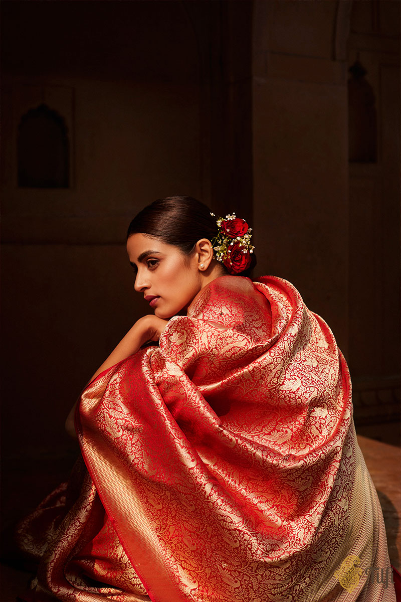 &#39;Arundhati&#39; Red Pure Katan Silk Banarasi Handloom Saree
