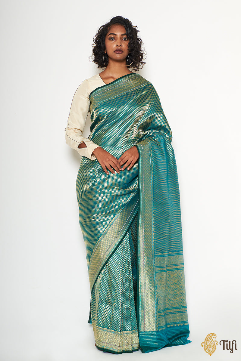 Blue-Dark Green Pure Katan Silk Banarasi Handloom Saree