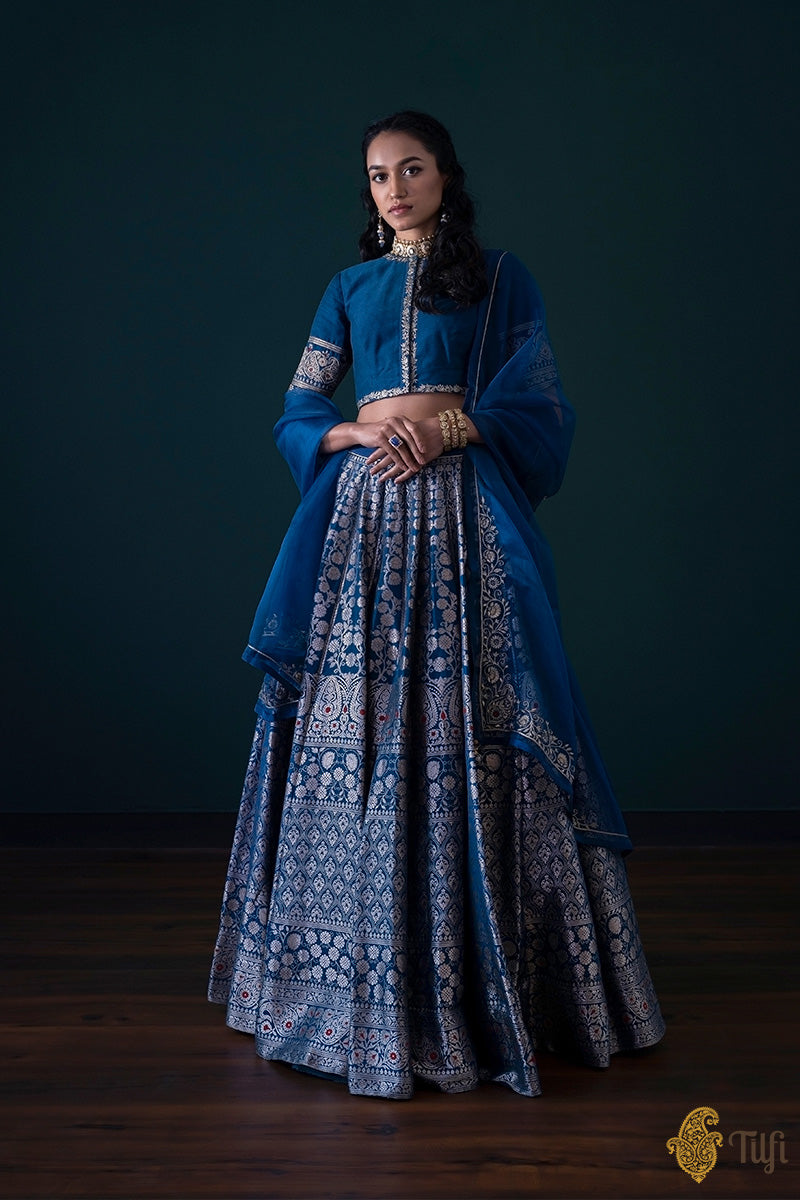 &#39;Firdaus&#39; Blue Pure Katan Silk Banarasi Handloom Lehenga Set