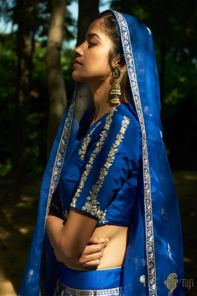 &#39;Nilofer&#39; Royal Blue Pure Katan Silk Banarasi Handloom Lehenga Set