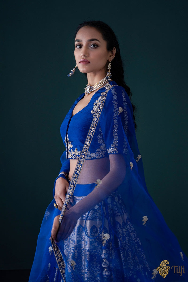 &#39;Nilofer&#39; Royal Blue Pure Katan Silk Banarasi Handloom Lehenga Set