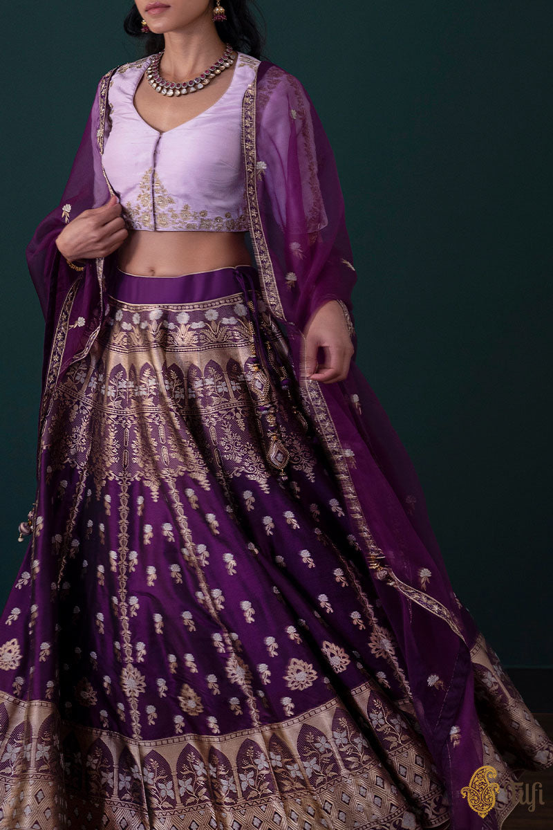 Purple Pure Katan Silk Banarasi Handloom Lehenga Set