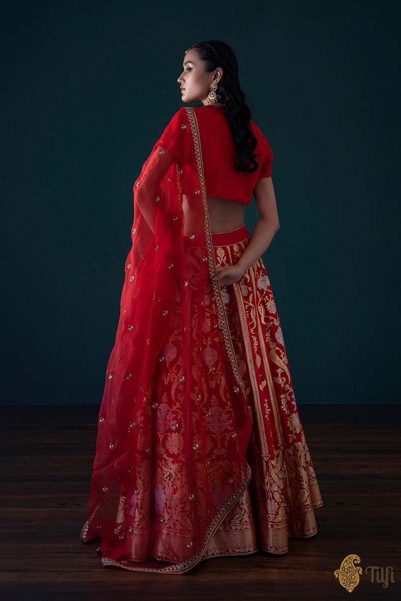 Red Pure Katan Silk Banarasi Handloom Made-To-Measure Lehenga
