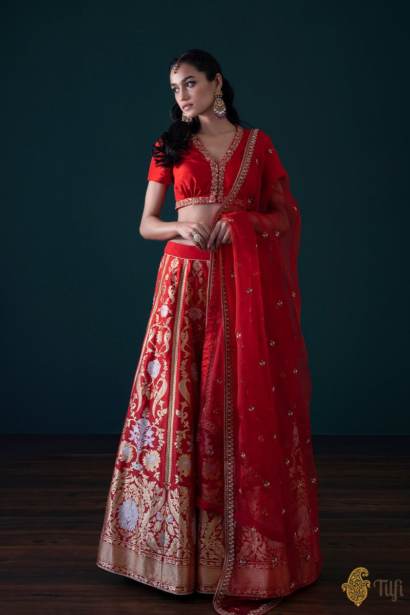 Red Pure Katan Silk Banarasi Handloom Made-To-Measure Lehenga