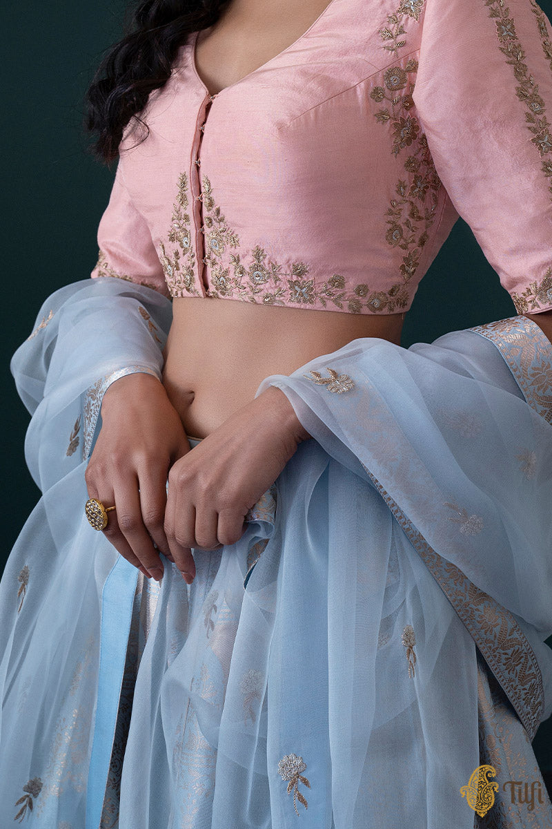 Powder Blue-Soft Pink Pure Katan Silk Banarasi Handloom Lehenga Set