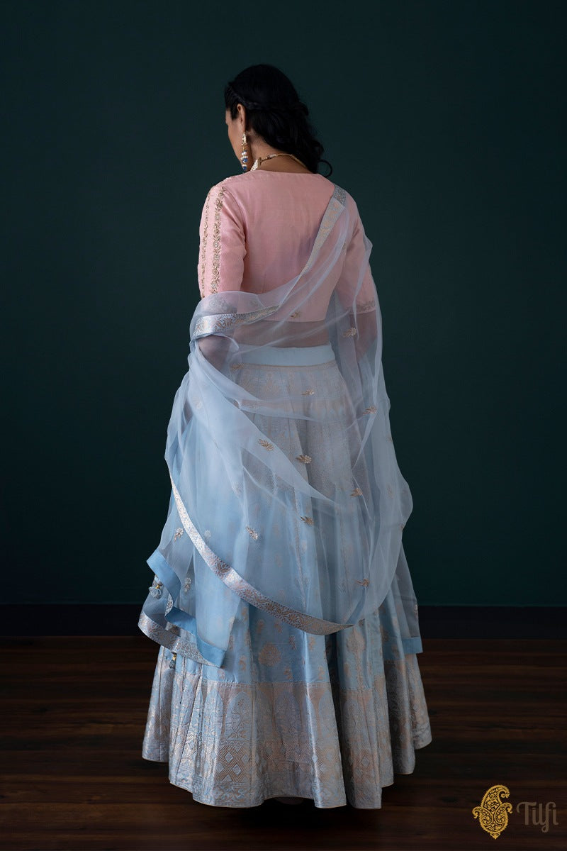 Powder Blue-Soft Pink Pure Katan Silk Banarasi Handloom Lehenga Set