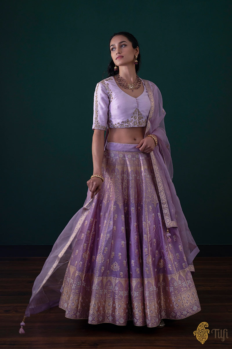 Lilac Pure Katan Silk Banarasi Handloom Lehenga Set