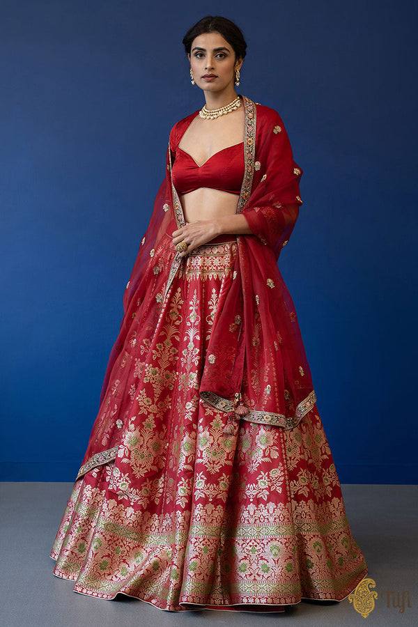 Nargis' Maroon Pure Katan Silk Banarasi Handloom Lehenga Set - Tilfi