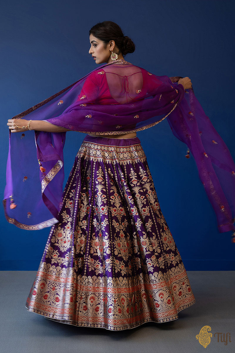 Pre-Order: &#39;Nargis&#39; Purple Pure Katan Silk Banarasi Handloom Lehenga Set