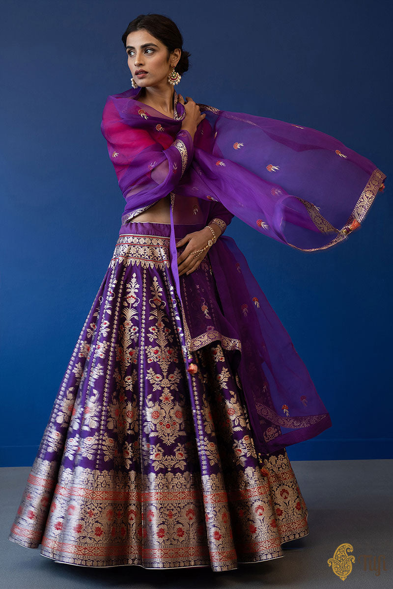 Pre-Order: &#39;Nargis&#39; Purple Pure Katan Silk Banarasi Handloom Lehenga Set