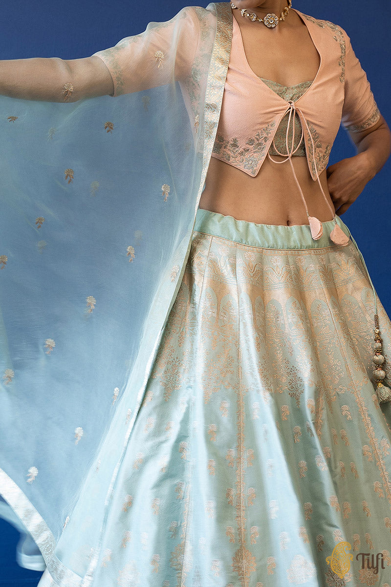 &#39;Nilofer&#39; Light Blue Pure Katan Silk Banarasi Handloom Lehenga Set