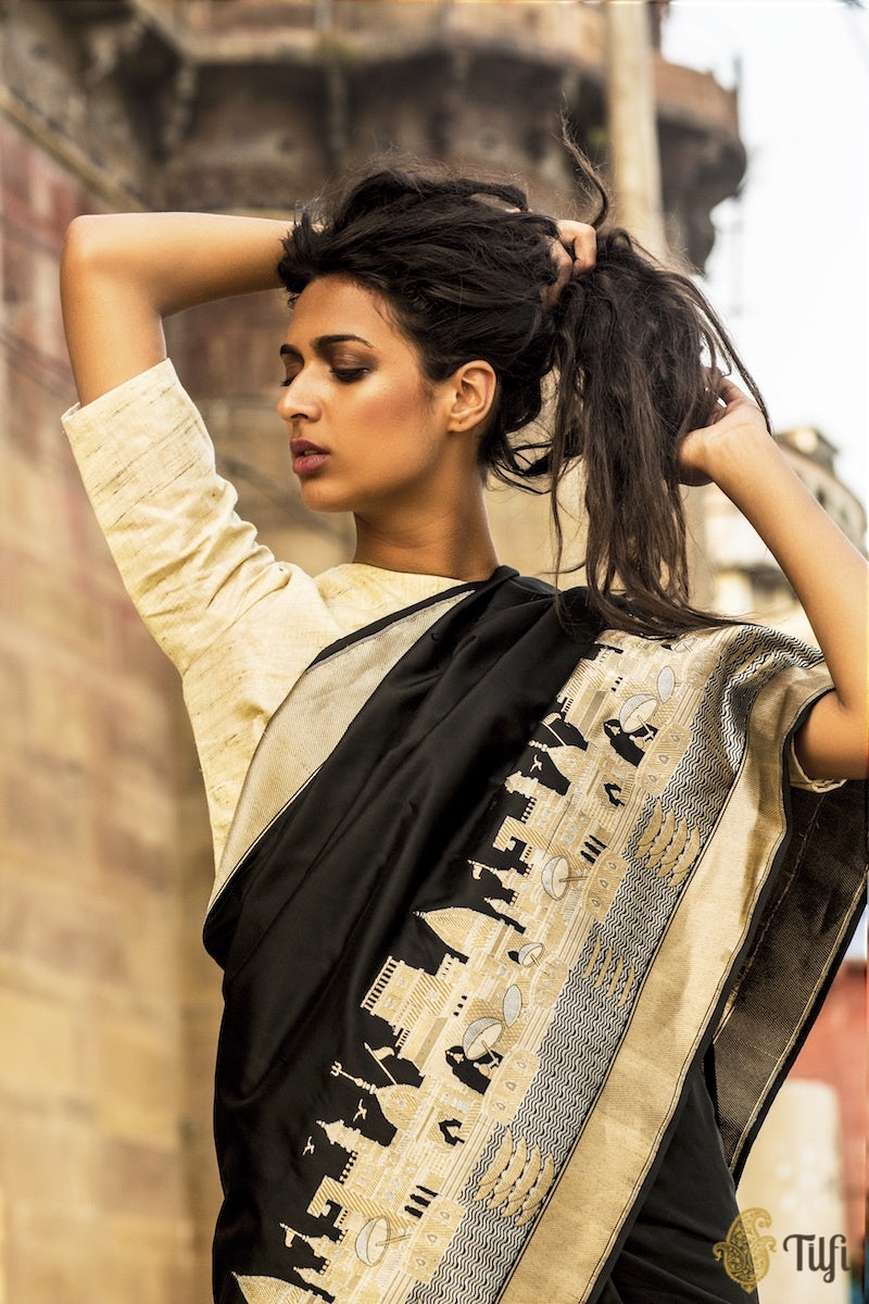 &#39;Kashi&#39; Black Pure Katan Silk Banarasi Handloom Saree