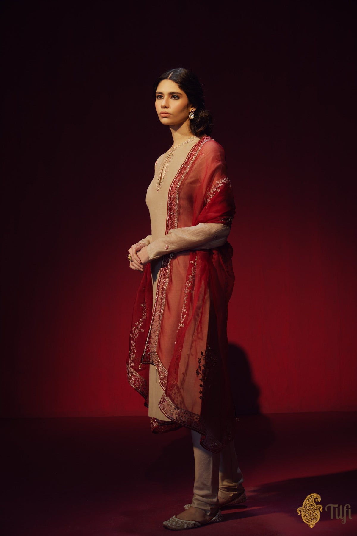Beige Chanderi Silk Kurta with Churidar and Hand-embroidered Dupatta Suit Set