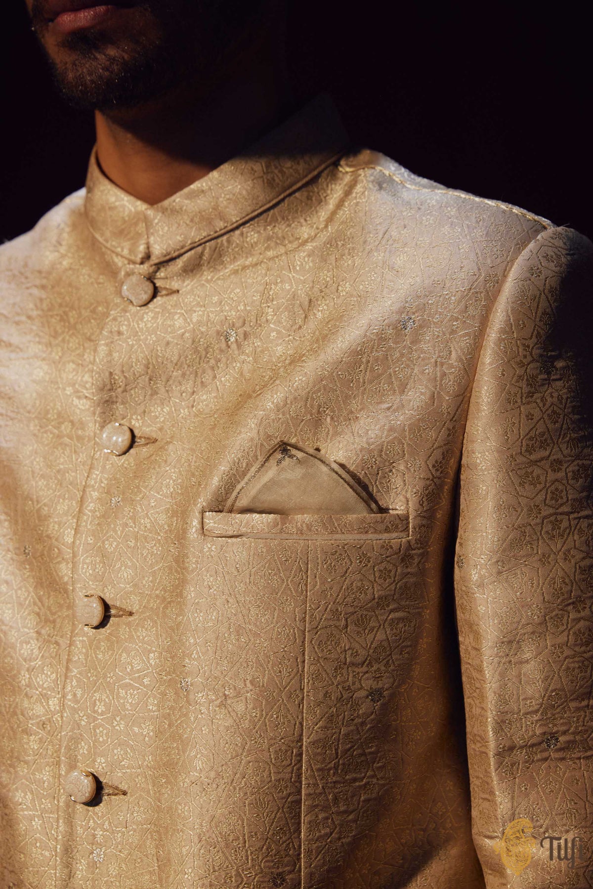 Beige Pure Katan Silk Jacket with Hand-embroidered Kurta Suit Set