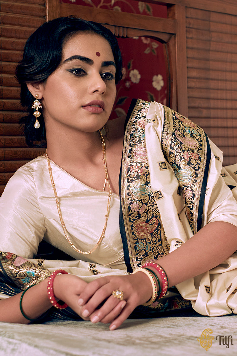 &#39;Charulata&#39; Off-White - Black Pure Katan Silk Banarasi Heritage Handloom Saree