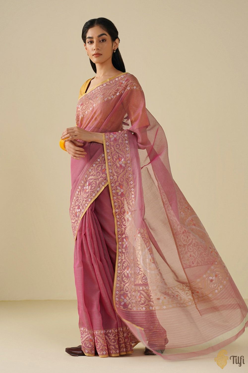 &#39;Lekha&#39; Rust Pink Pure Cotton Jamdani Real Zari Banarasi Handloom Saree