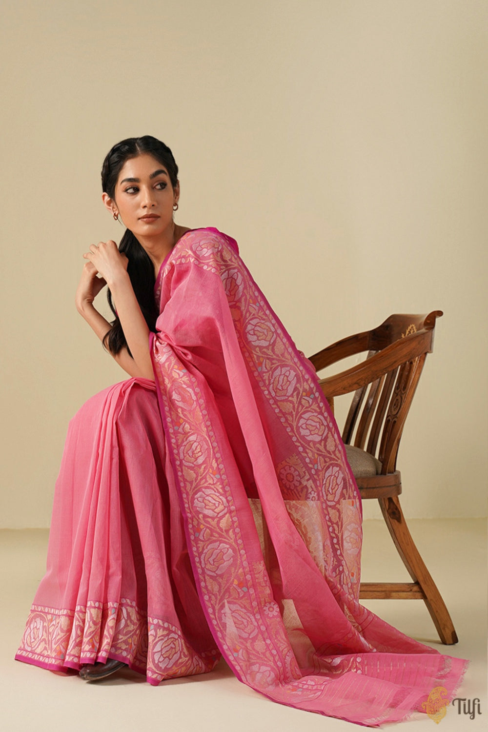 &#39;Urmila&#39; Pink Pure Cotton Jamdani Real Zari Banarasi Handloom Saree