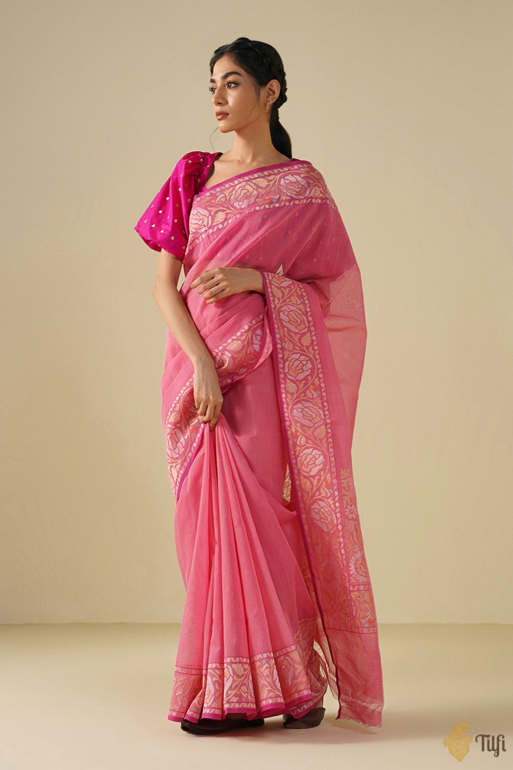 &#39;Urmila&#39; Pink Pure Cotton Jamdani Real Zari Banarasi Handloom Saree