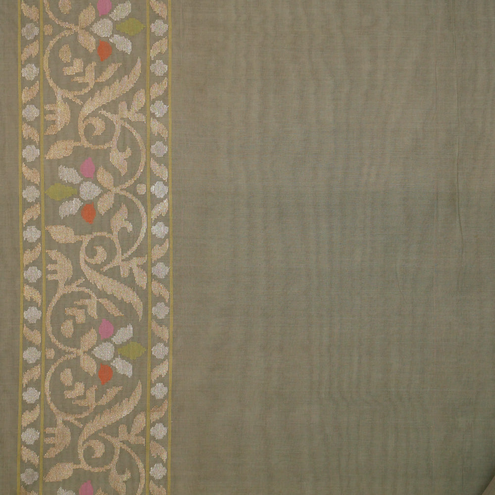 &#39;Lekha&#39; Sage Grey Pure Cotton Jamdani Real Zari Banarasi Handloom Saree