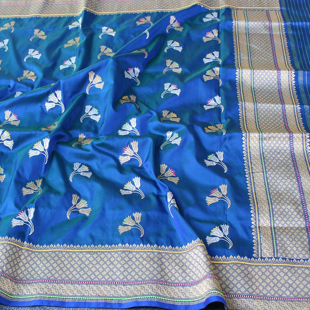 Blue-Green Pure Katan Silk Banarasi Handloom Dupatta
