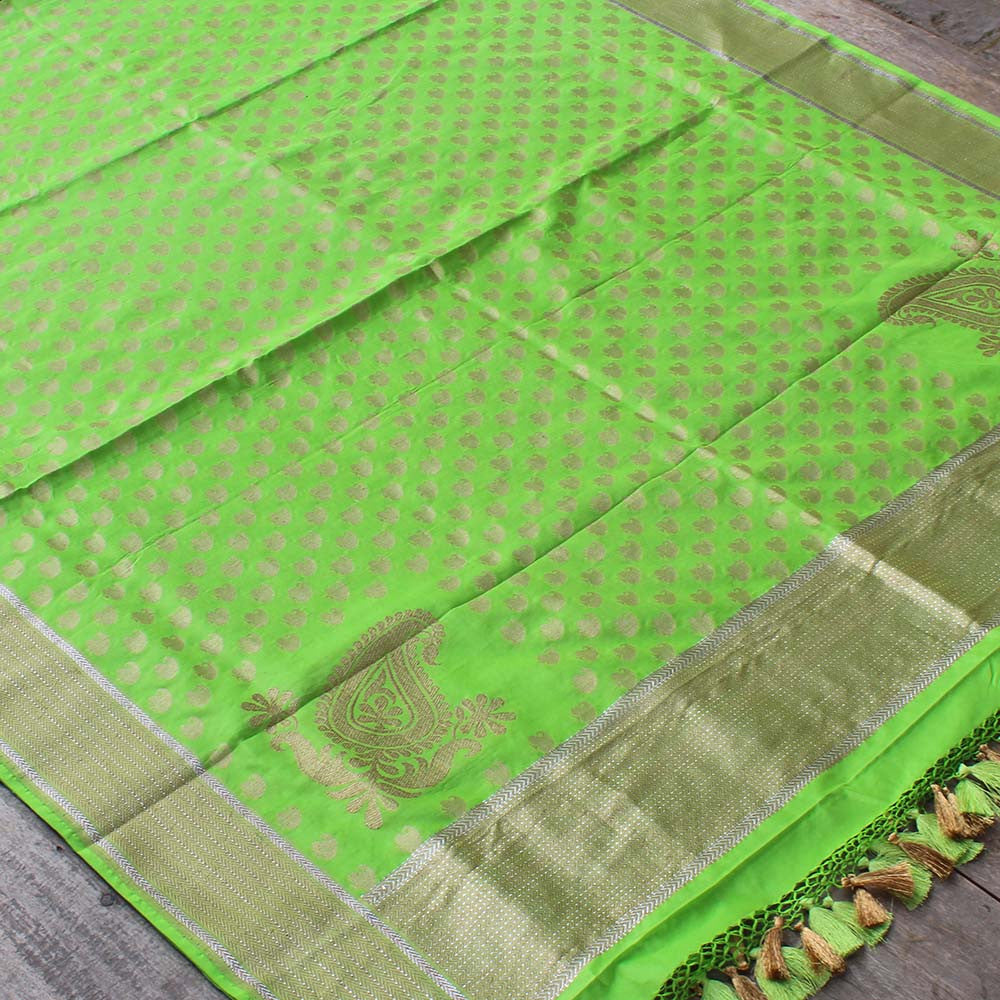 Parrot Green Pure Katan Silk Banarasi Handloom Dupatta - Tilfi