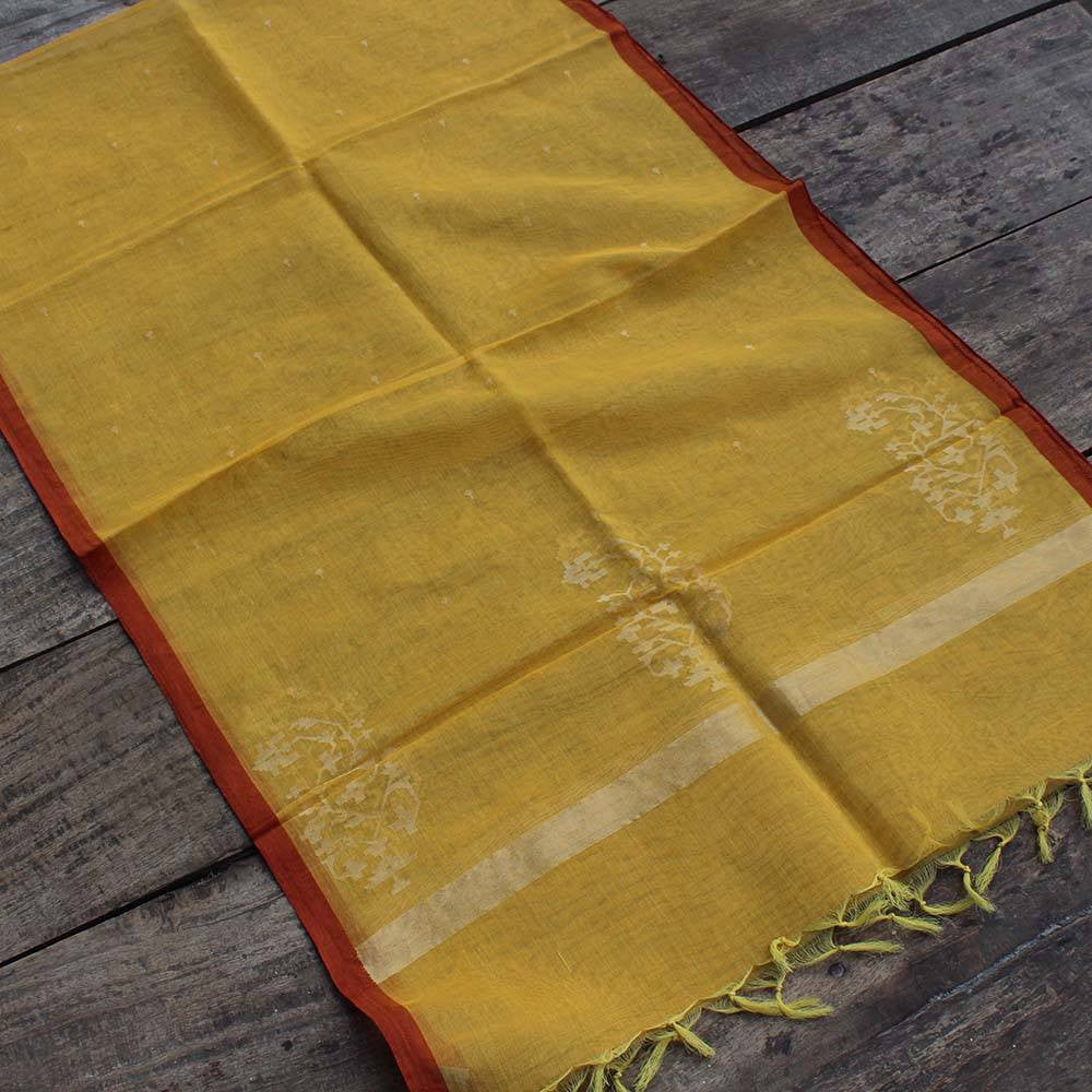 Yellow Pure Cotton Real Zari Banarasi Handloom Stole