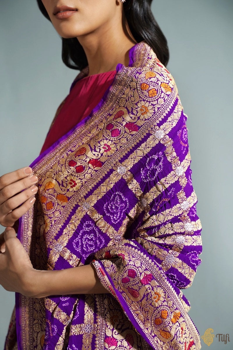 Purple Pure Georgette Banarasi Handloom Bandhani Dupatta