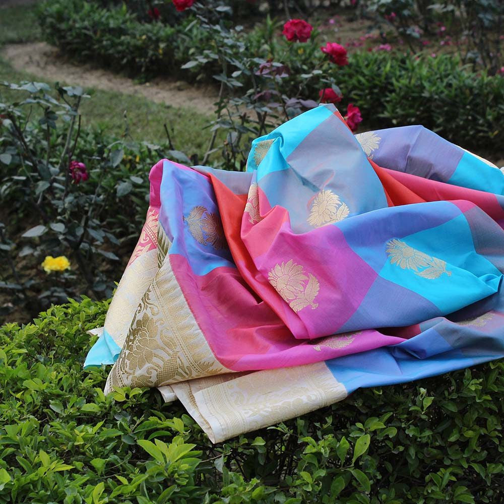 Multicoloured Pure Katan Silk Dupatta &amp; Beige Pure Silk by Cotton Fabric