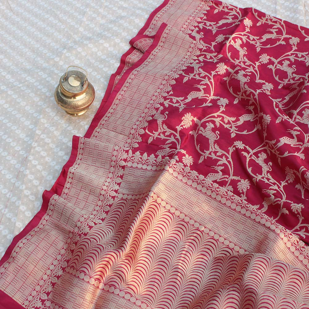 Maroon Pure Katan Silk Dupatta &amp; Beige Pure Silk by Cotton Fabric