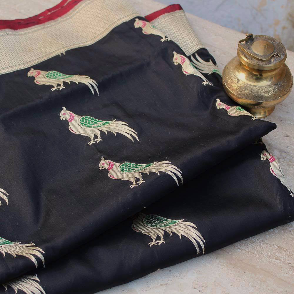 Black Pure Katan Silk Dupatta &amp; White Pure Silk by Cotton Fabric