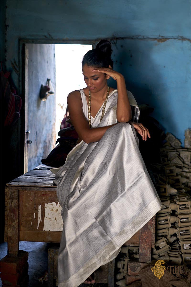 Pre-Order: &#39;Urvi&#39; Silver-Gray Pure Katan Silk Tissue Banarasi Handloom Saree