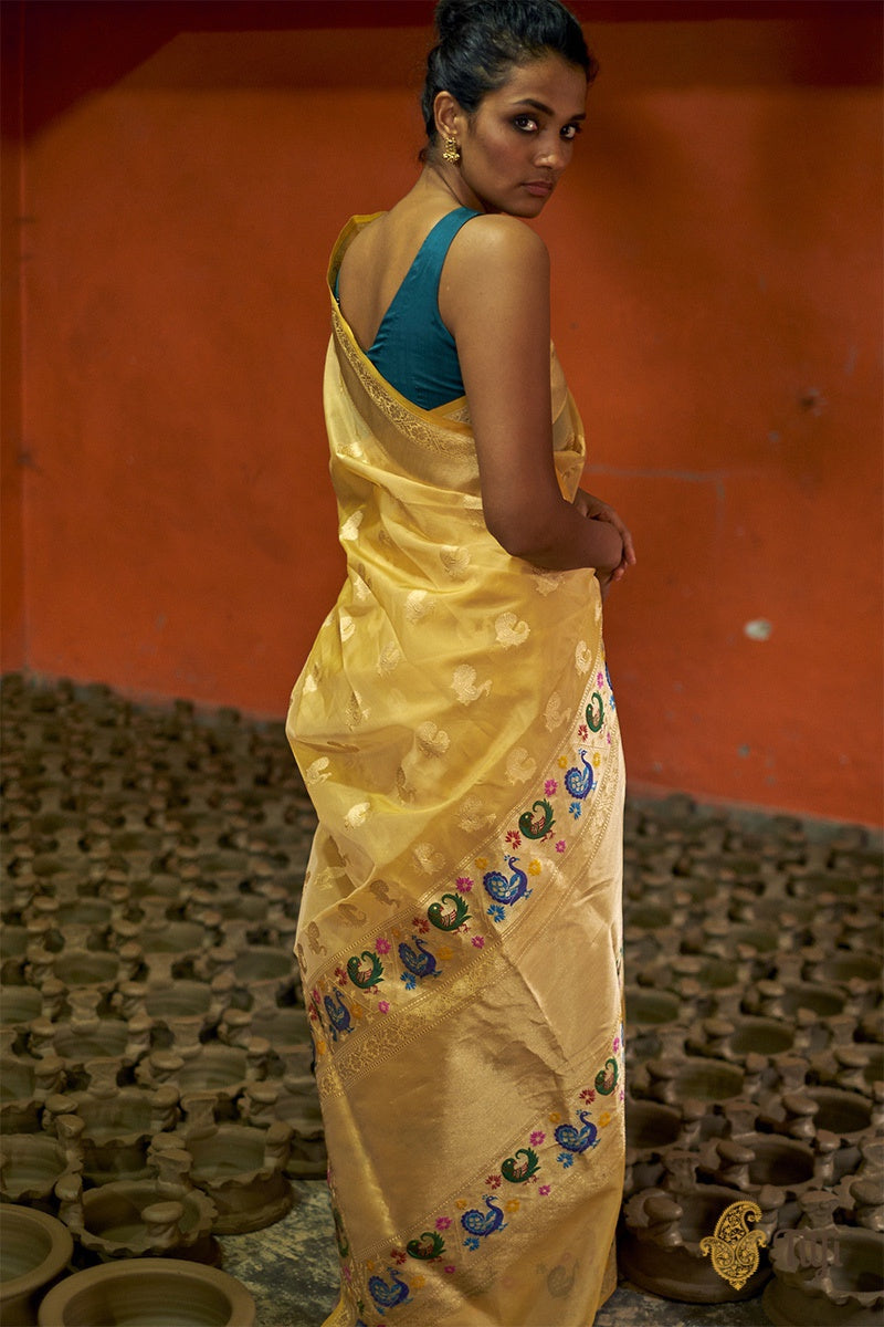 Yellow Pure Kora Silk Banarasi Paithani Handloom Saree