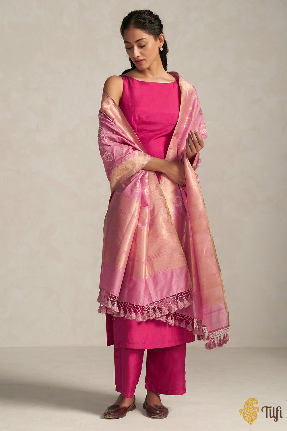 Pink Pure Katan Silk Georgette Banarasi Handloom Dupatta