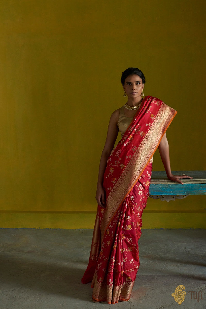 Red-Rani Pink Pure Katan Silk Banarasi Handloom Saree