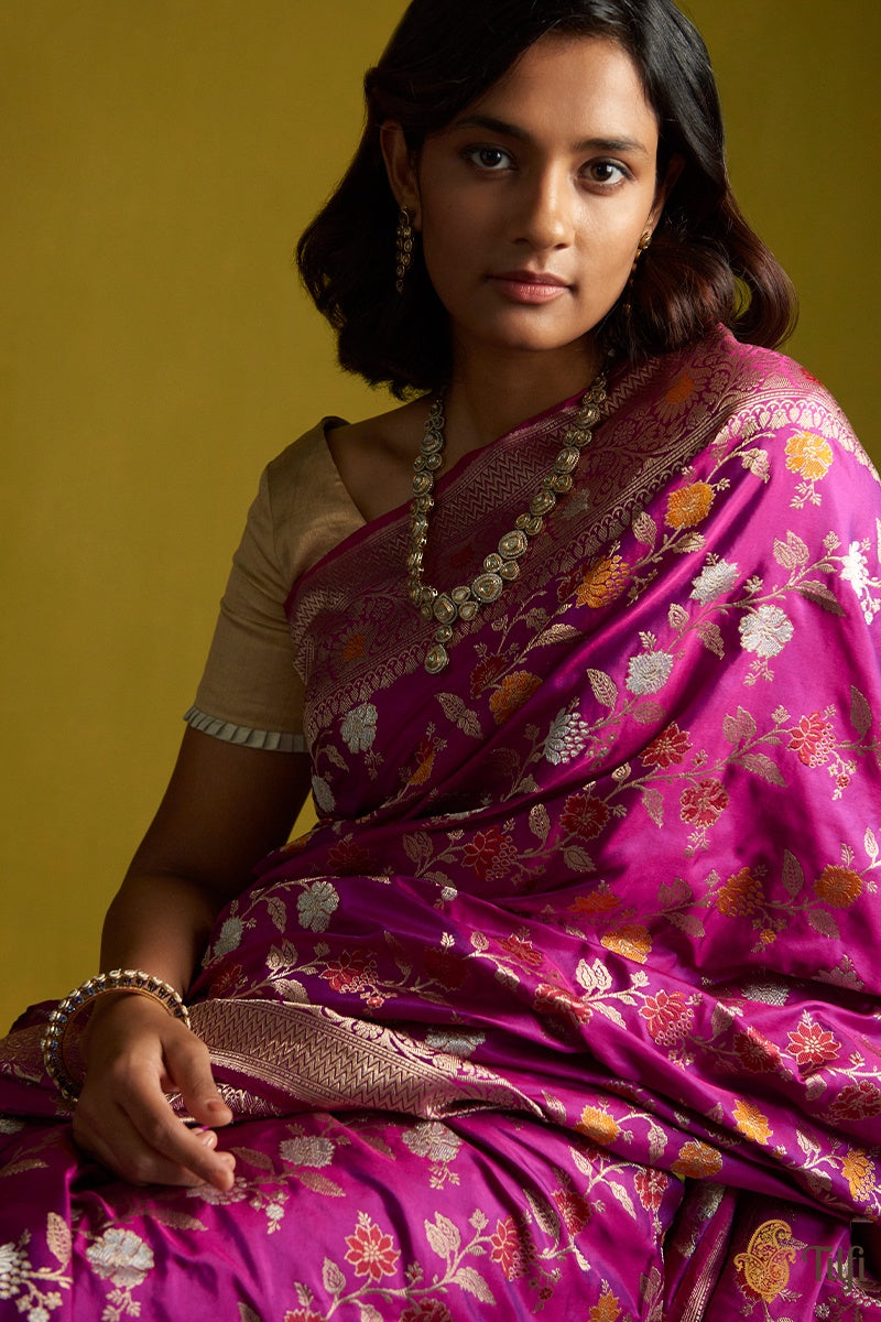 &#39;Adah&#39; Magenta-Purple Pure Katan Silk Banarasi Handloom Saree