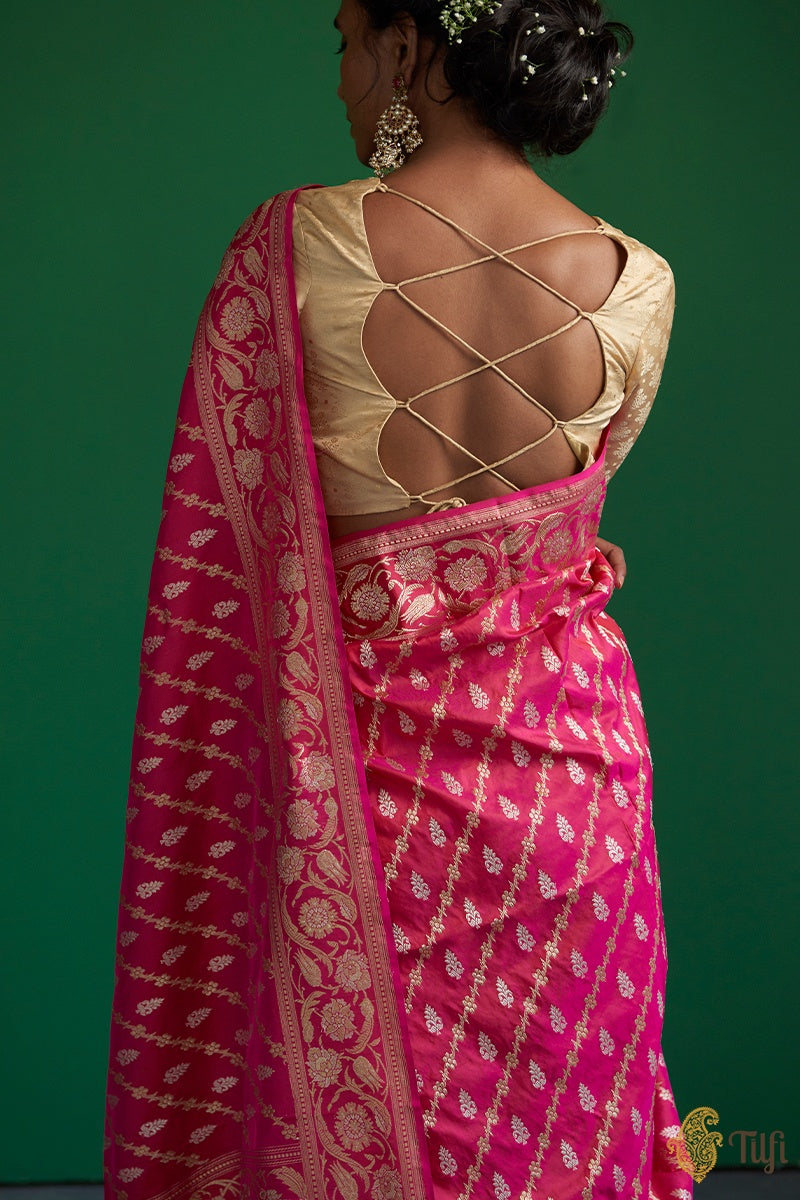 Rani Pink-Red Pure Katan Silk Banarasi Aadha Jangla Handloom Saree