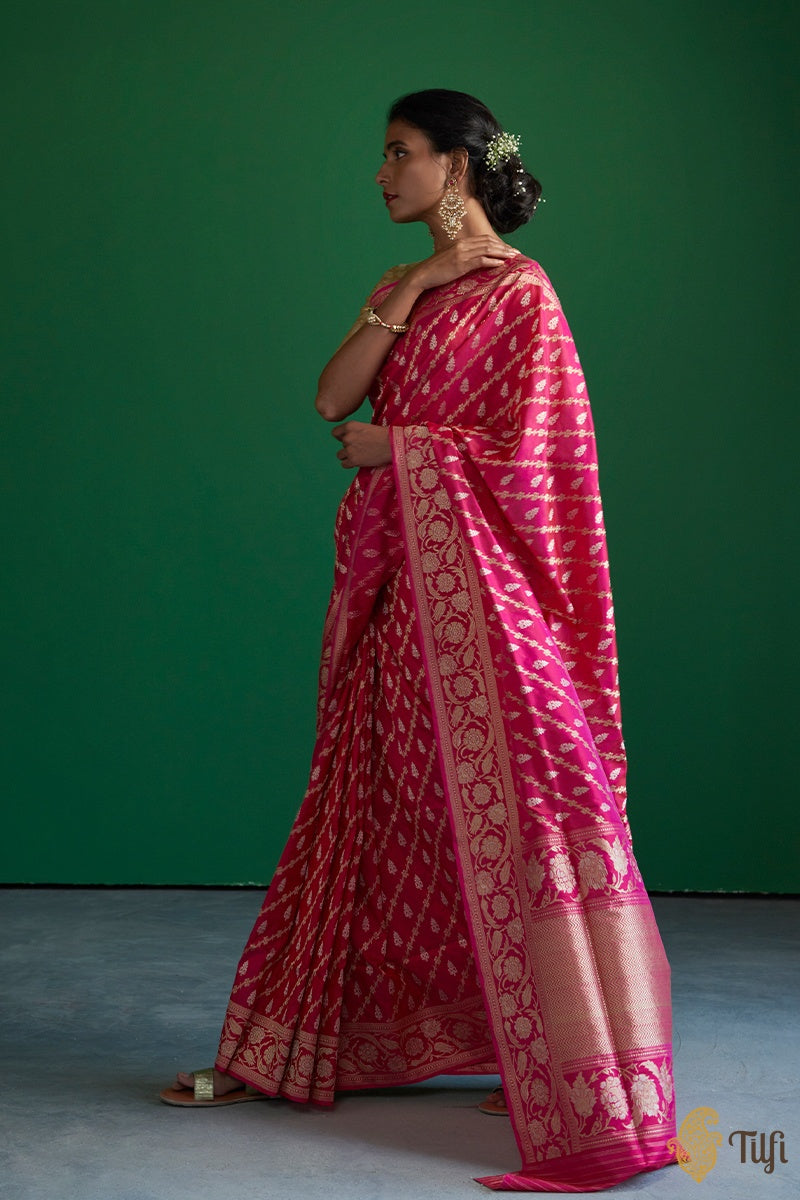 Rani Pink-Red Pure Katan Silk Banarasi Aadha Jangla Handloom Saree