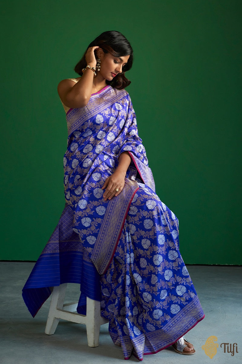 Blueish-Purple Pure Katan Silk Banarasi Handloom Saree