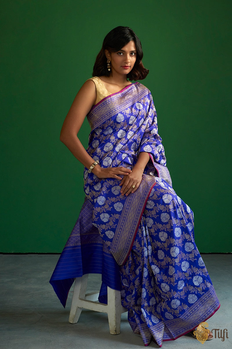 Blueish-Purple Pure Katan Silk Banarasi Handloom Saree