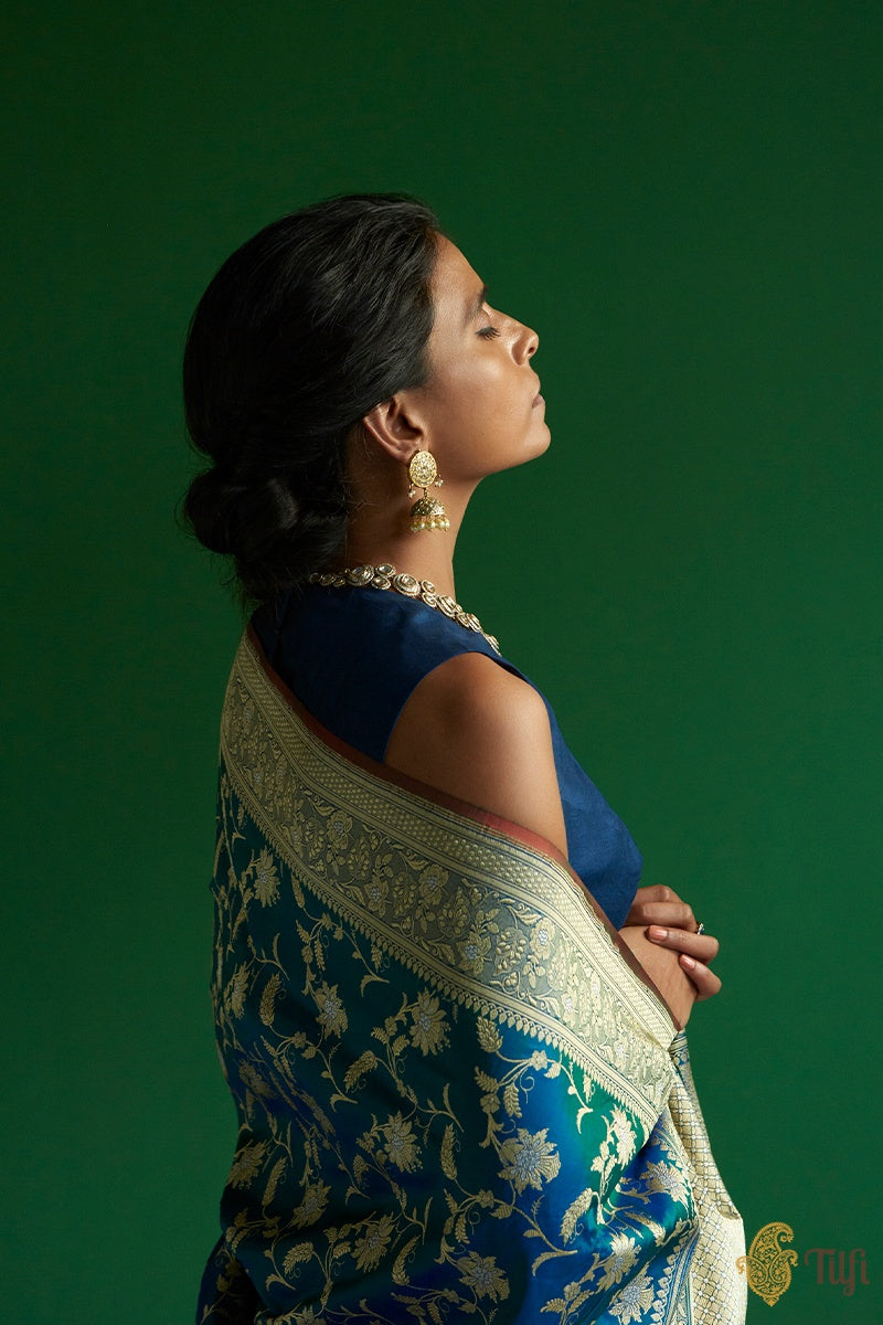 Pre-Order: Royal Blue-Green Pure Katan Silk Banarasi Handloom Saree