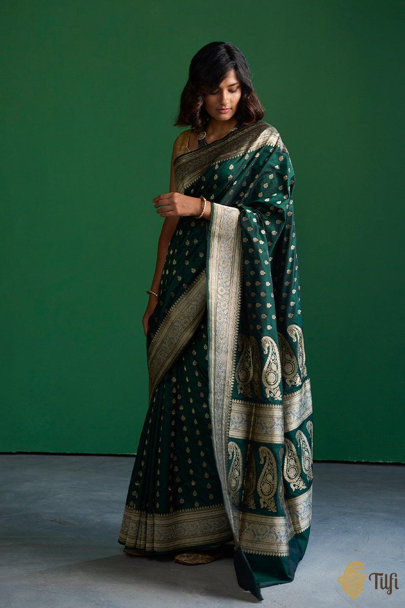 Dark Green Banarasi Silk sarees for Wedding with Price