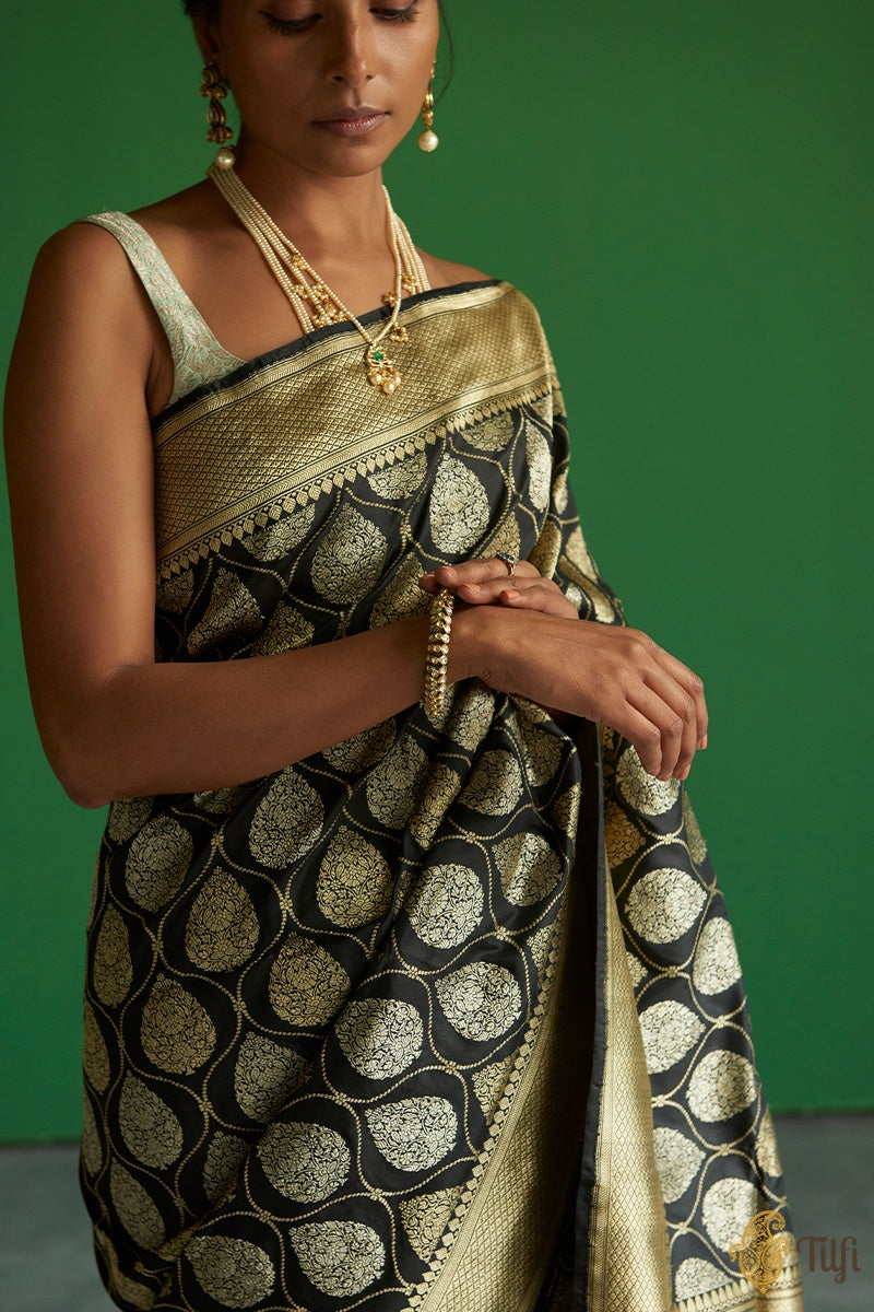 &#39;Vedika&#39; Black Pure Katan Silk Banarasi Handloom Saree
