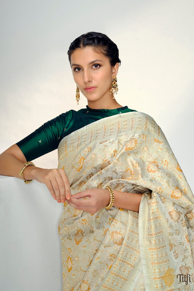 &#39;Kaveri&#39; Silver Grey Pure Soft Satin Silk Banarasi Handloom Saree