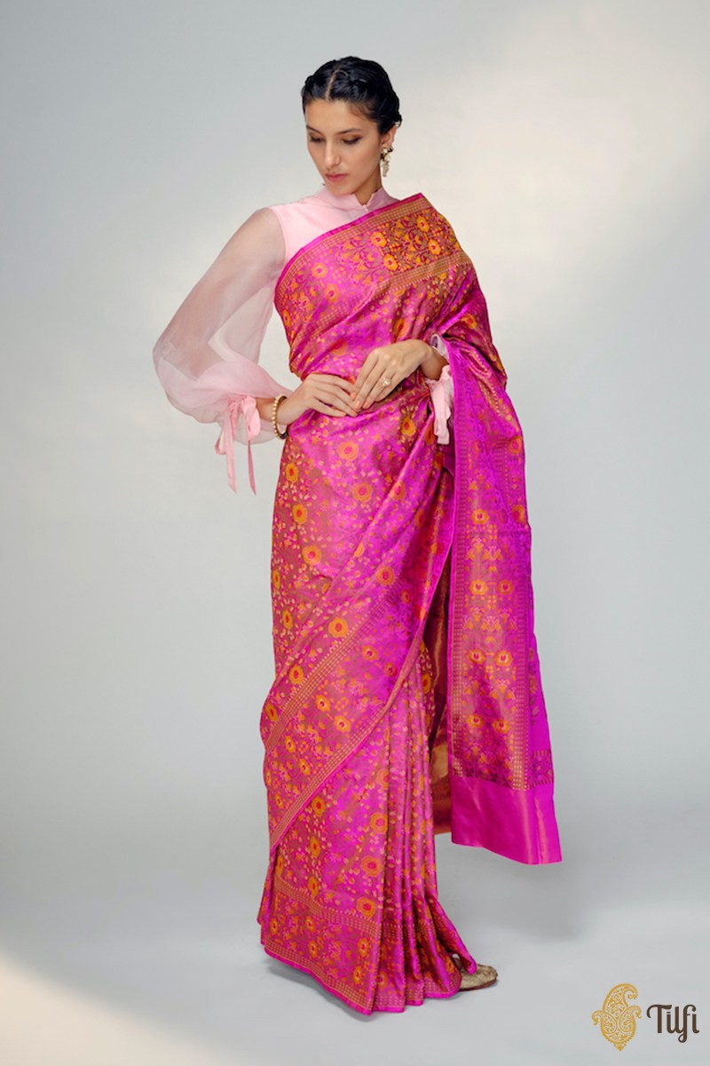 Rani Pink Kora Silk Pure Handloom Banarasi Saree with Sona Rupa Zari Buta