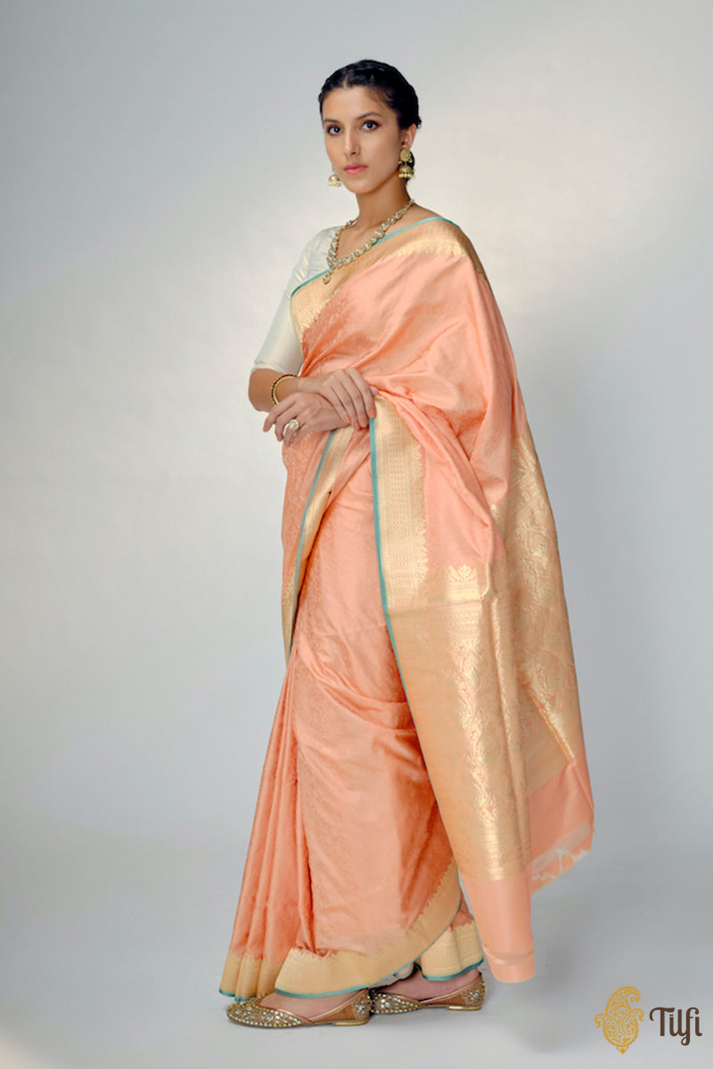 Peach Pure Soft Satin Silk Banarasi Handloom Saree