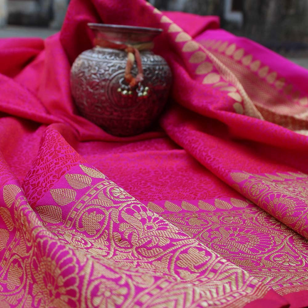 Red-Rani Pink Pure Katan Silk Dupatta &amp; Beige Pure Soft Satin Silk Fabric