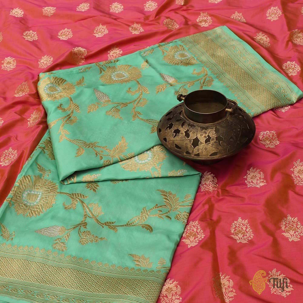Aqua Green Pure Katan Silk Jangla Dupatta &amp; Yellow-Pink Pure Katan Silk Fabric