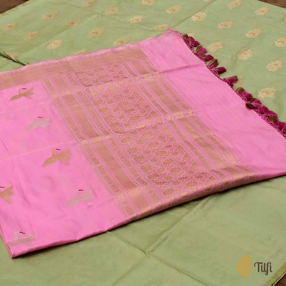 Baby Pink Pure Katan Silk Dupatta &amp; Pista Green Pure Katan Silk Fabric