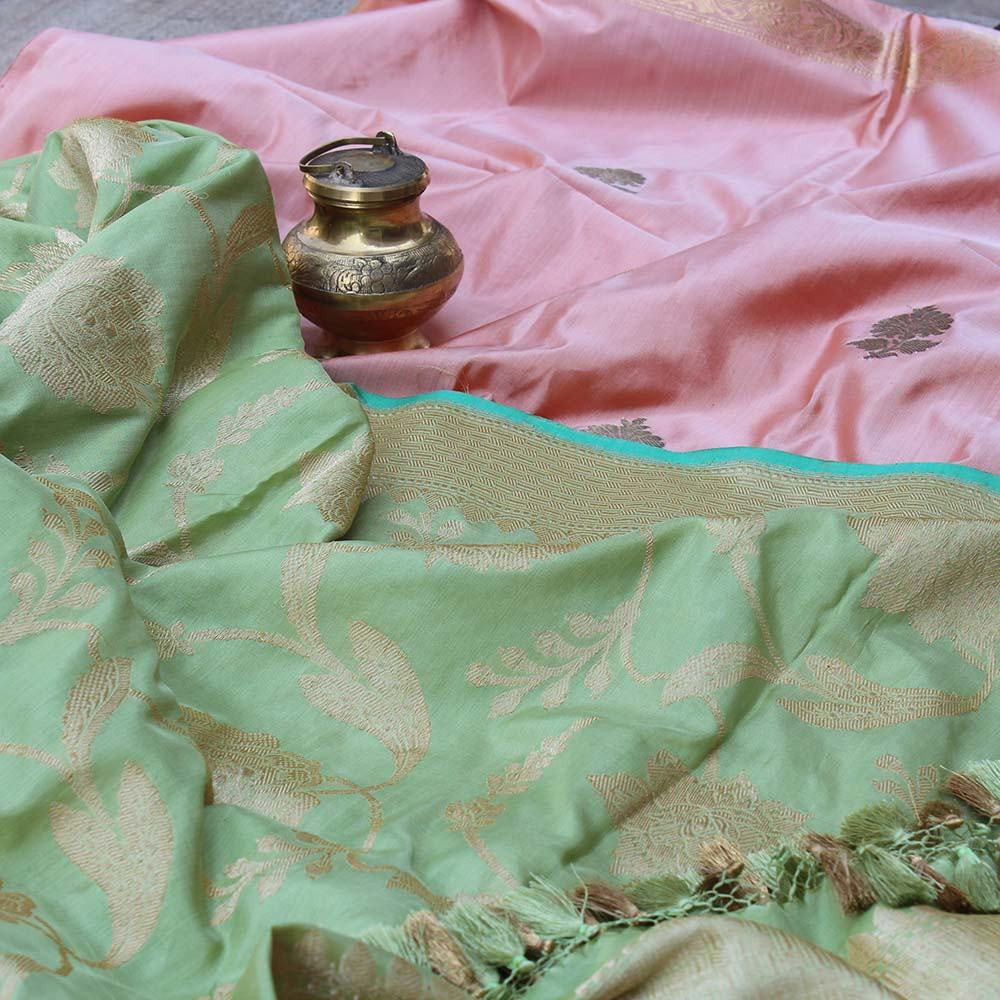 Light Pista Green Pure Katan Silk Dupatta &amp; Peach Pure Katan Silk Fabric